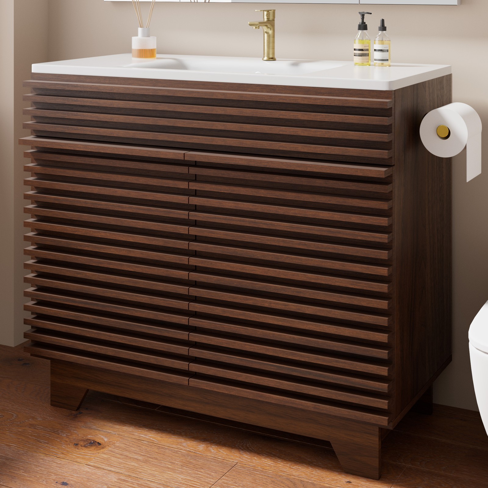 36″ Bathroom Vanity w/Sink Storage Cabinet Towel Hooks Walnut White Freestanding
