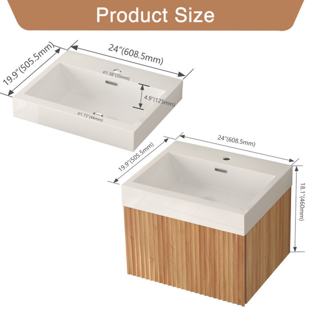 24in Wall Mounted Floating Bathroom Vanity Sink Integrated Basins Acacia Plywood