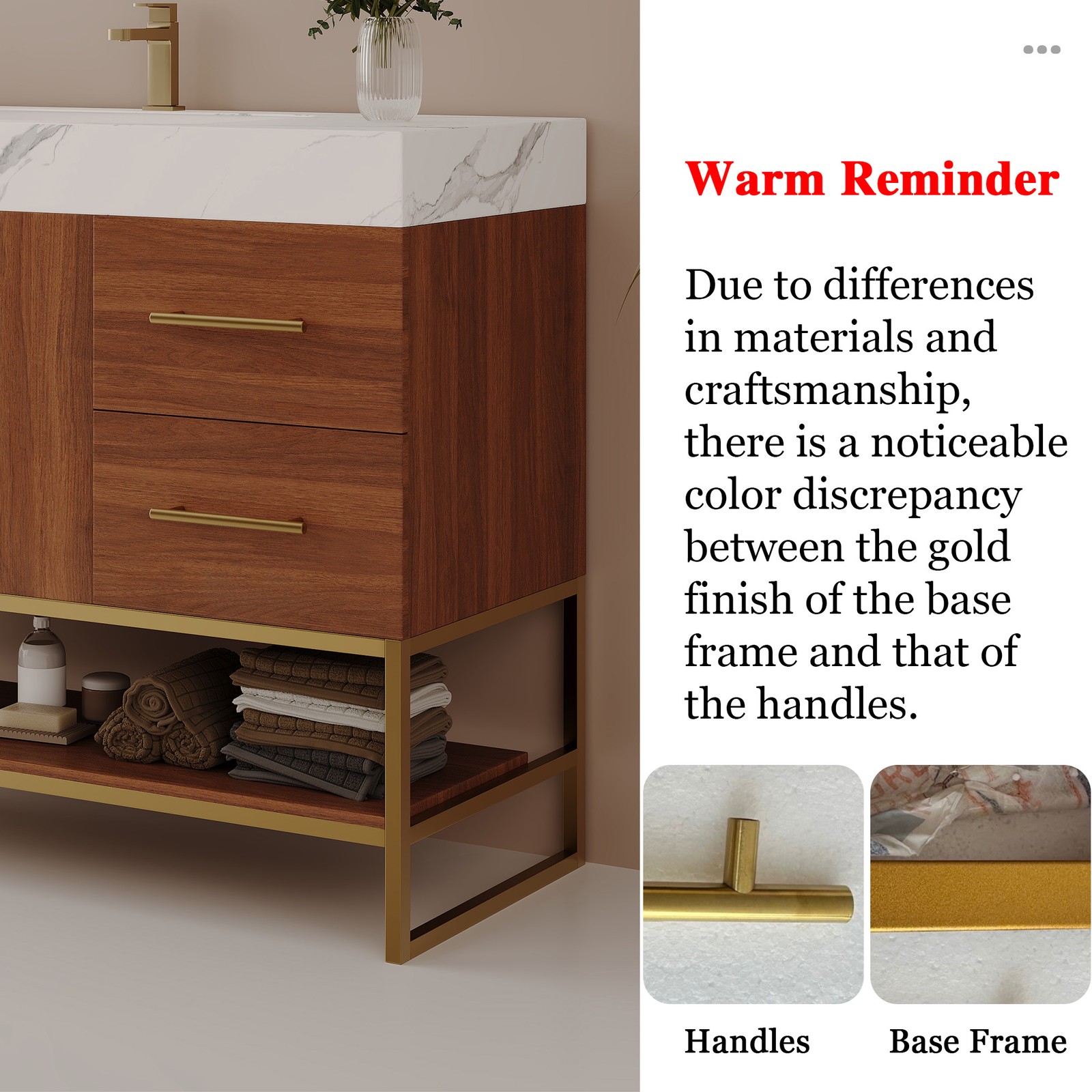 36″ Modern Bathroom Vanity w/Seamless Ceramic Sink & Sintered Stone Top Walnut