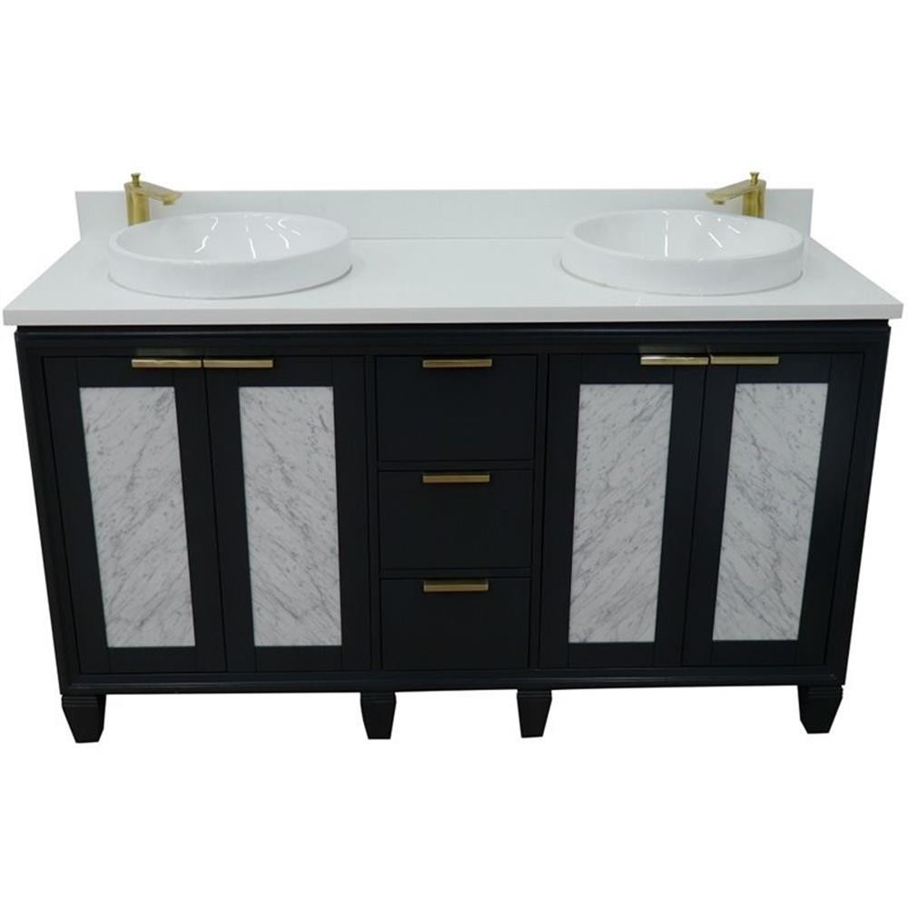 Pemberly Row 61″ Double Round Sink Vanity in Dark Gray/White Quartz Stone