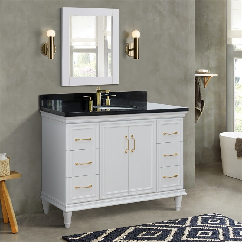 49 in. Single Wooden Vanity White with Black Galaxy Granite Oval Sink