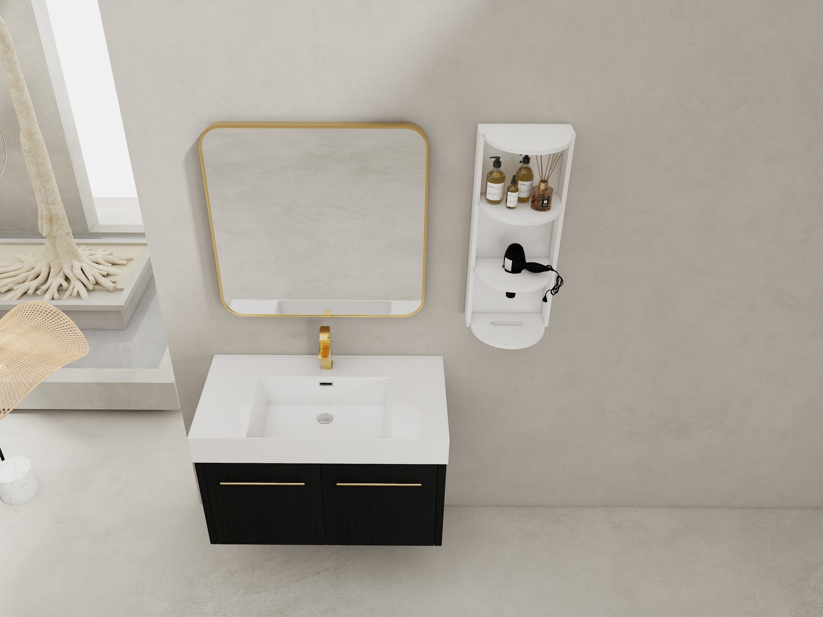 36 Inch Plywood Wall-Mounted Bathroom Vanity with Resin Sink + Side Storage Rack