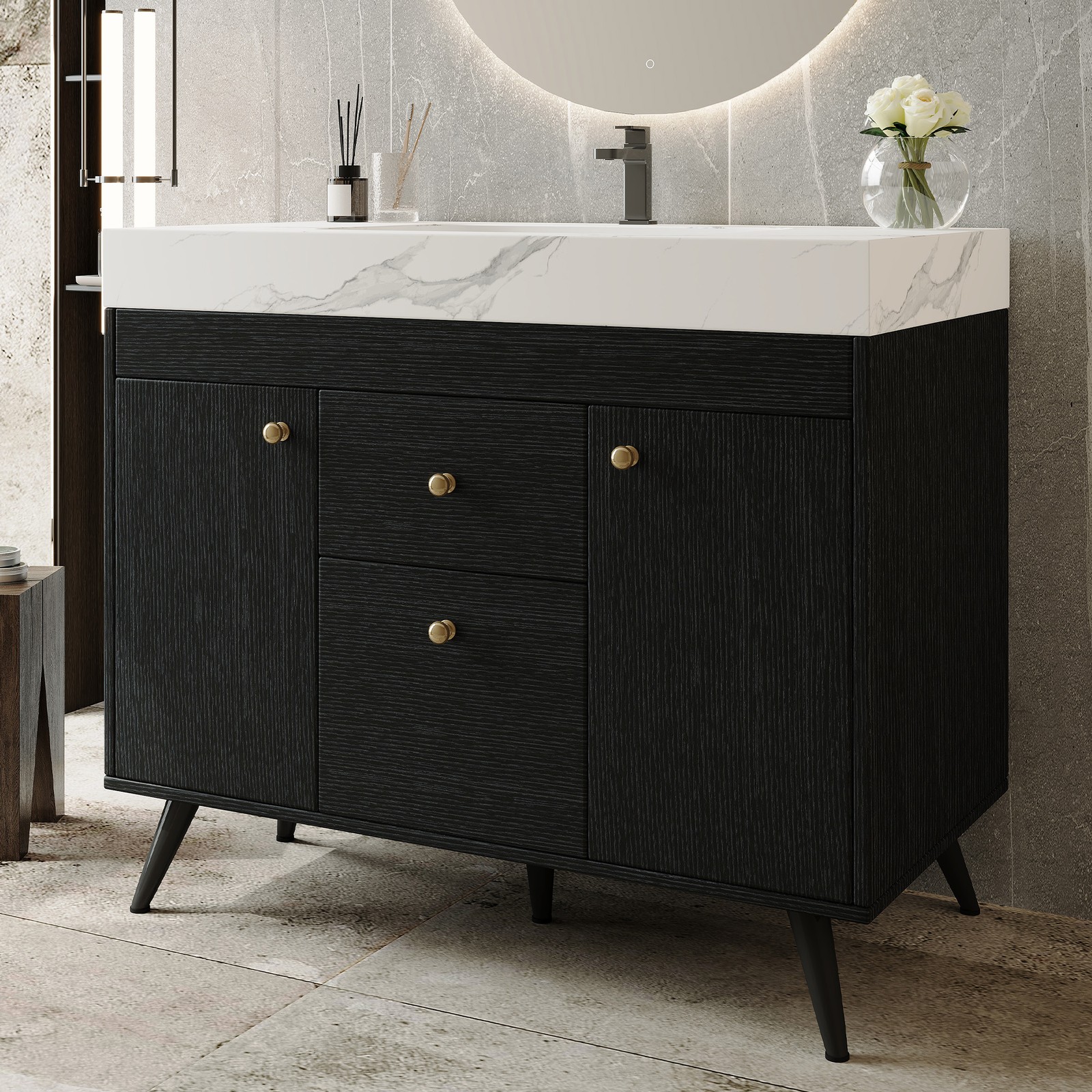 36″ Freestanding Bathroom Vanity with Sintered Stone Top & Ceramic Sink Black