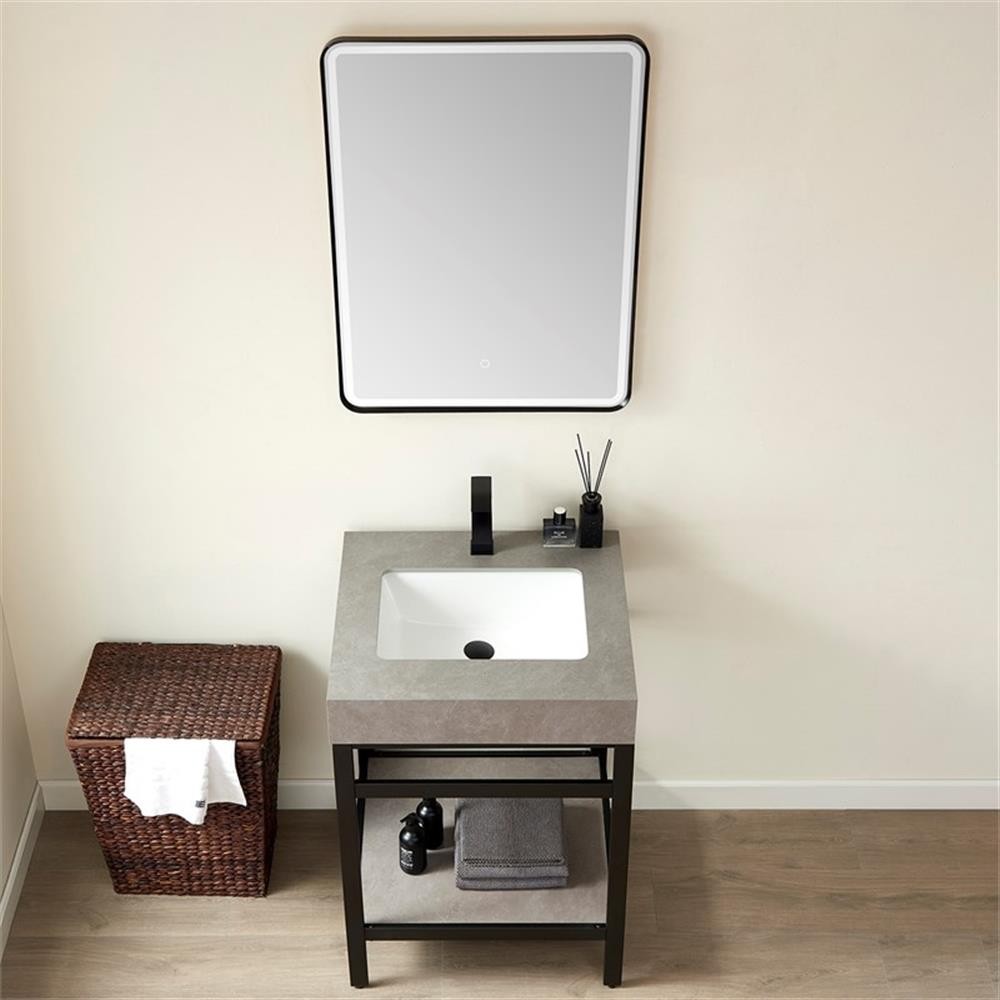 Funes 24″ Single Sink Bathroom Vanity in Matte Black Frame Gray Top w/ Mirror