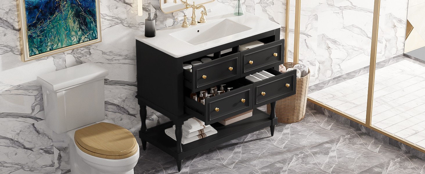 36″ Bathroom Vanity Cabinet with Sink Combo Set, 4 Drawers, Black