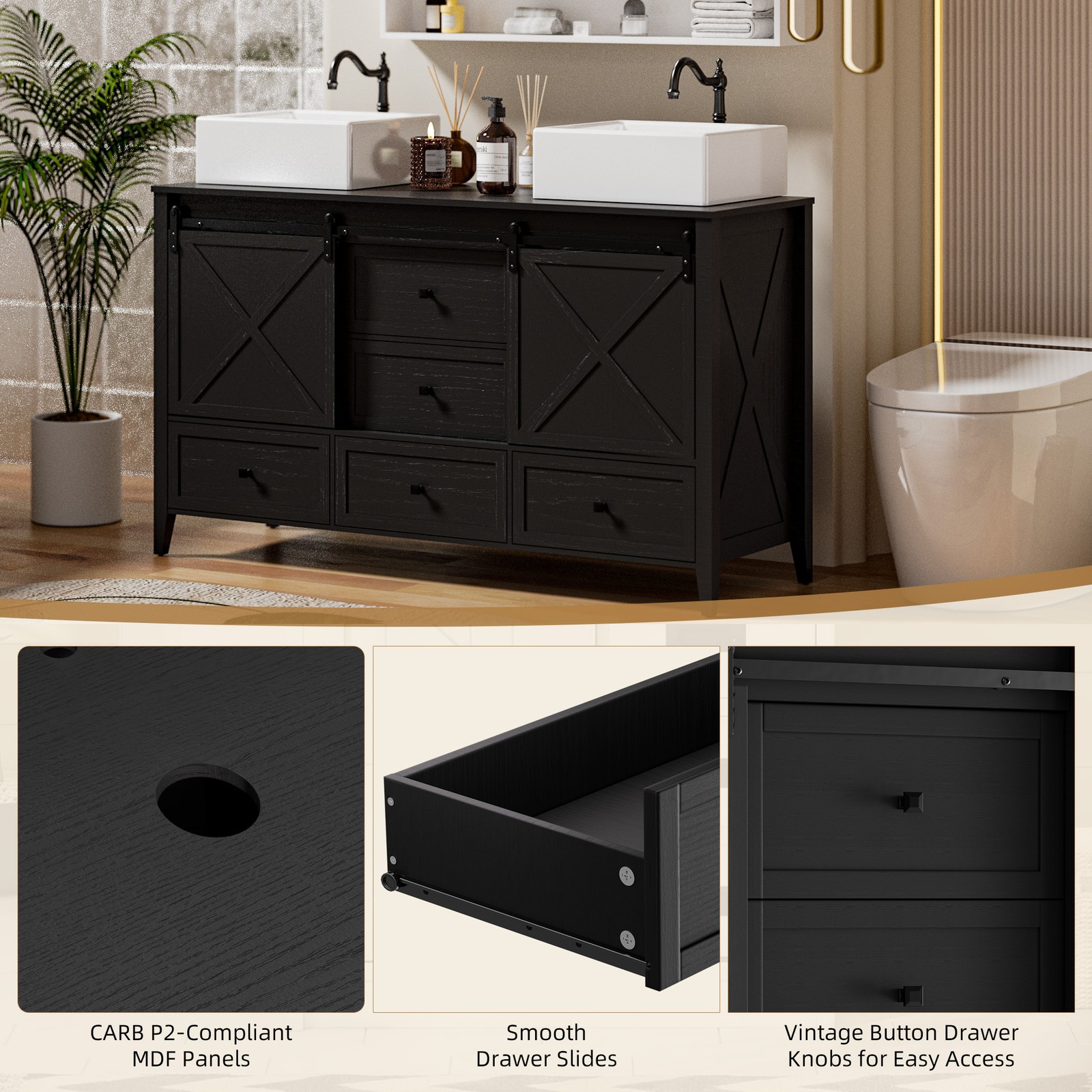 60-inch Bathroom Vanity Cabinet Double Vessel Sink Top Sink Cabinet Modern Wood