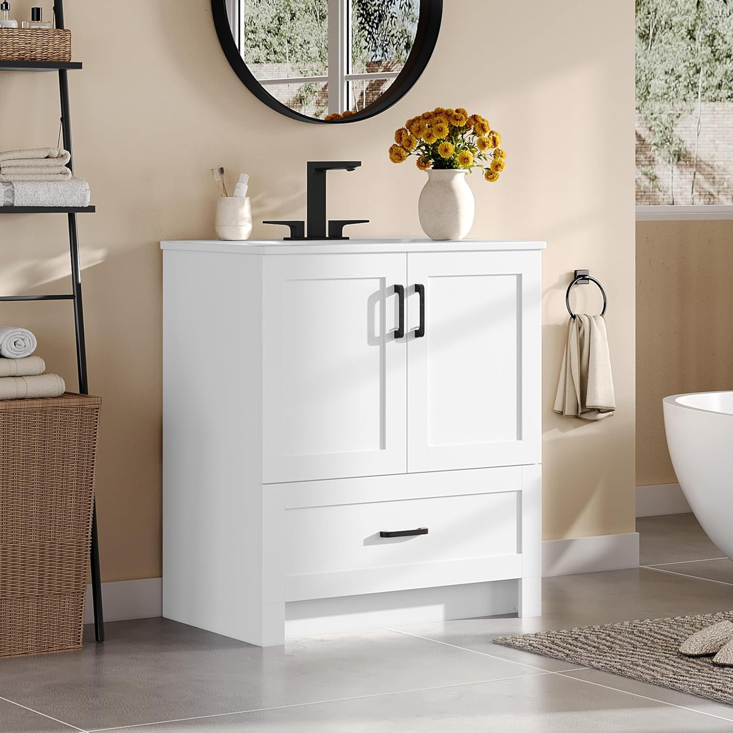 Yaheetech 30″ Bathroom Vanity with Ceramic Basin, Freestanding Bathroom Storage