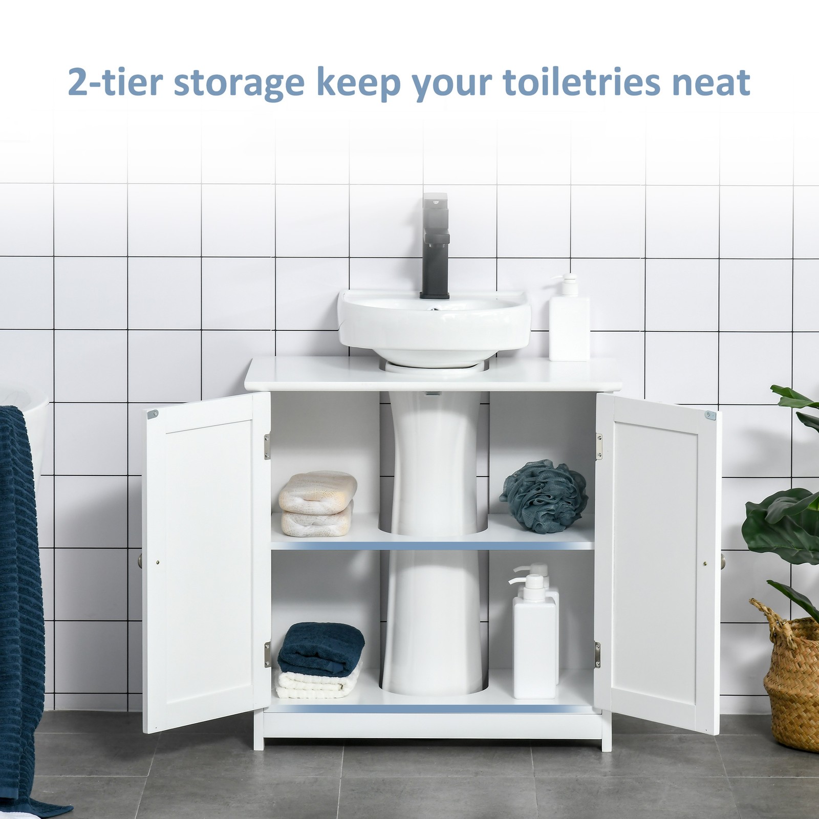 Short Pedestal Sink Washroom Storage Furniture w/Double Doors and Moveable Shelf
