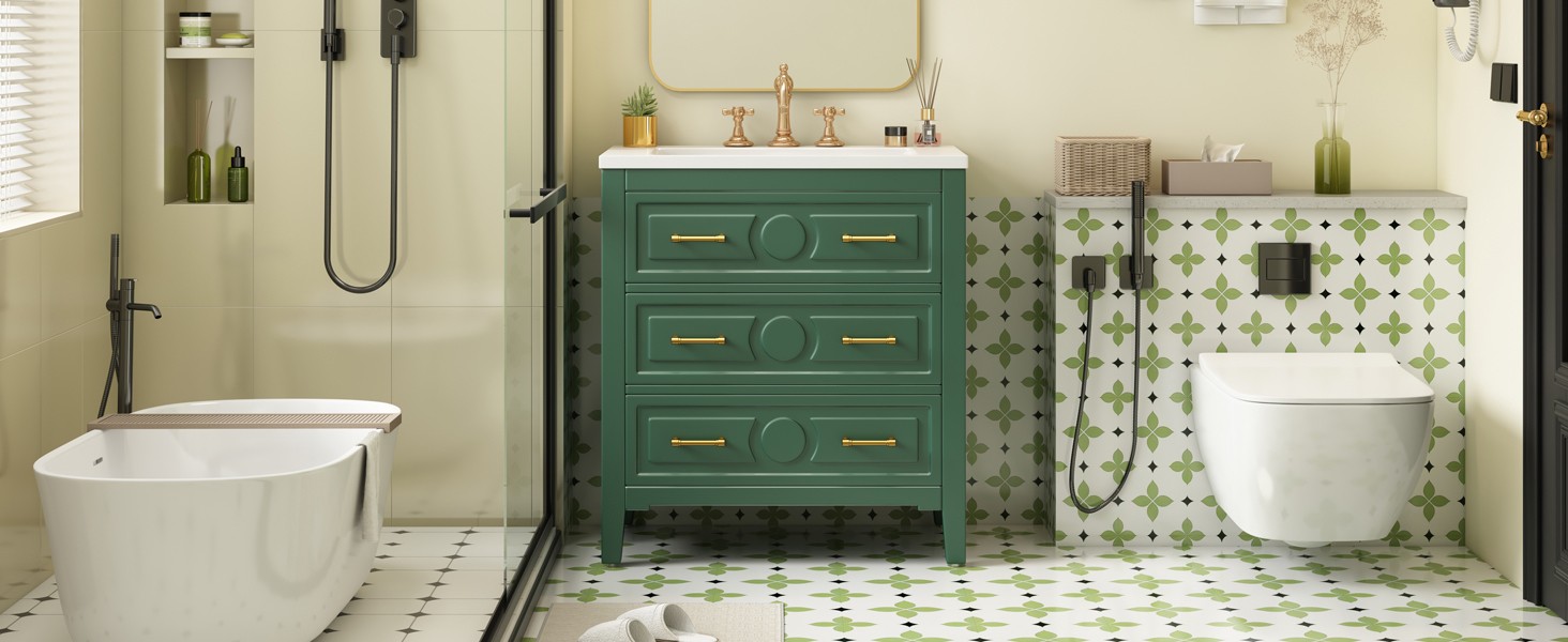 30″ Green Bathroom Vanity with Ceramic Sink, 3 Drawers, Solid Wood