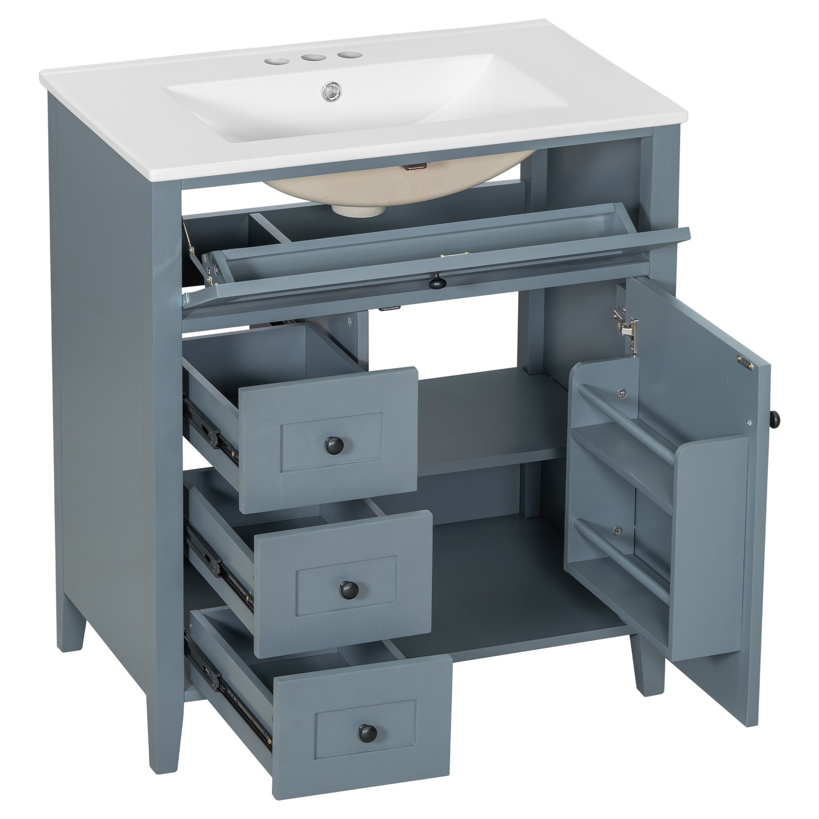 30″ Blue Gray Bathroom Vanity with Sink, 3 Drawers & Cabinet