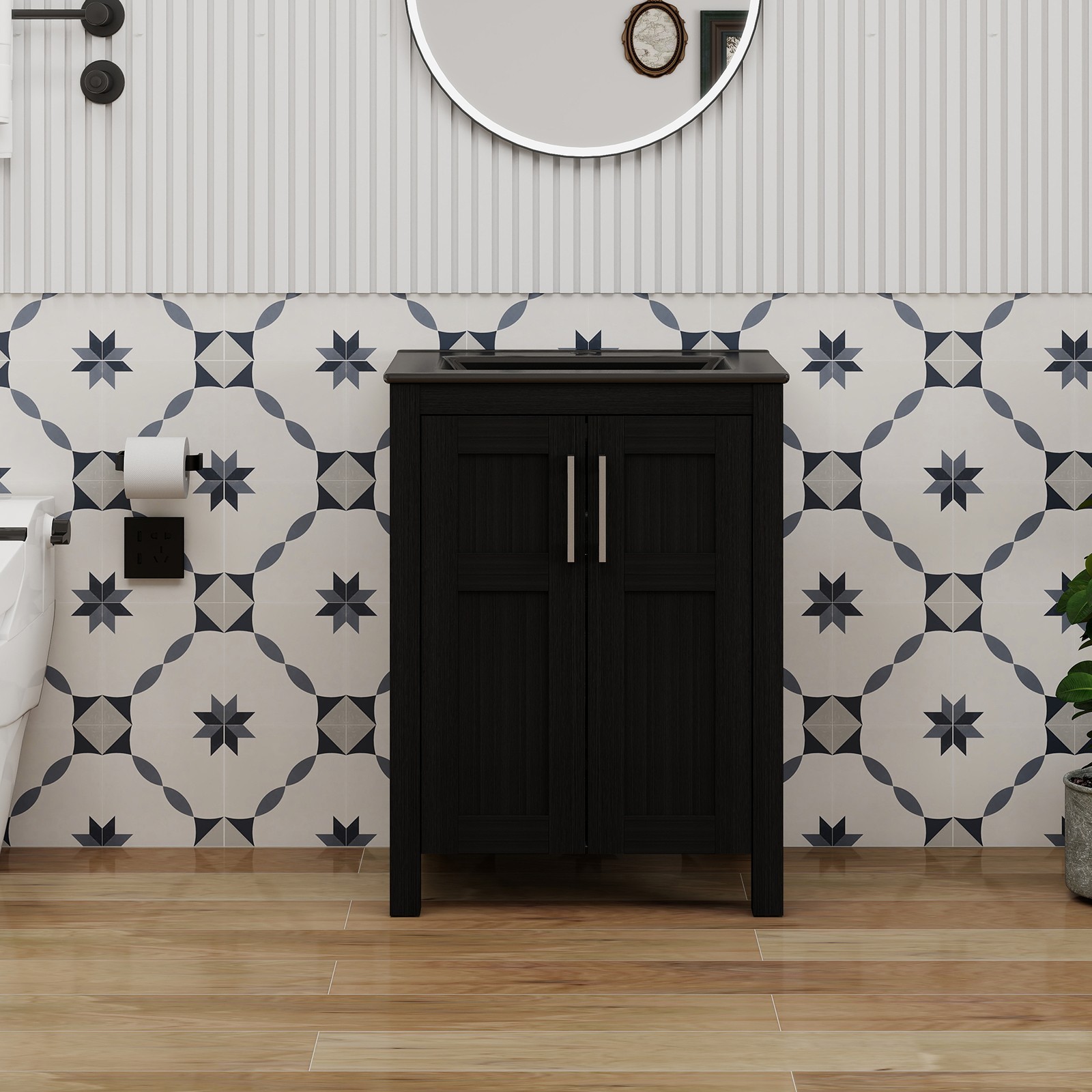 24″ Space Saving Bathroom Vanity Black & White Cabinet with Ceramic Sink Storage