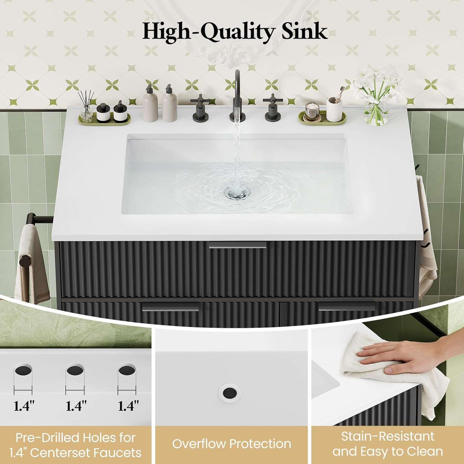 31″ Fluted Bathroom Vanity with Sink, Freestanding Bathroom Cabinet with Door St