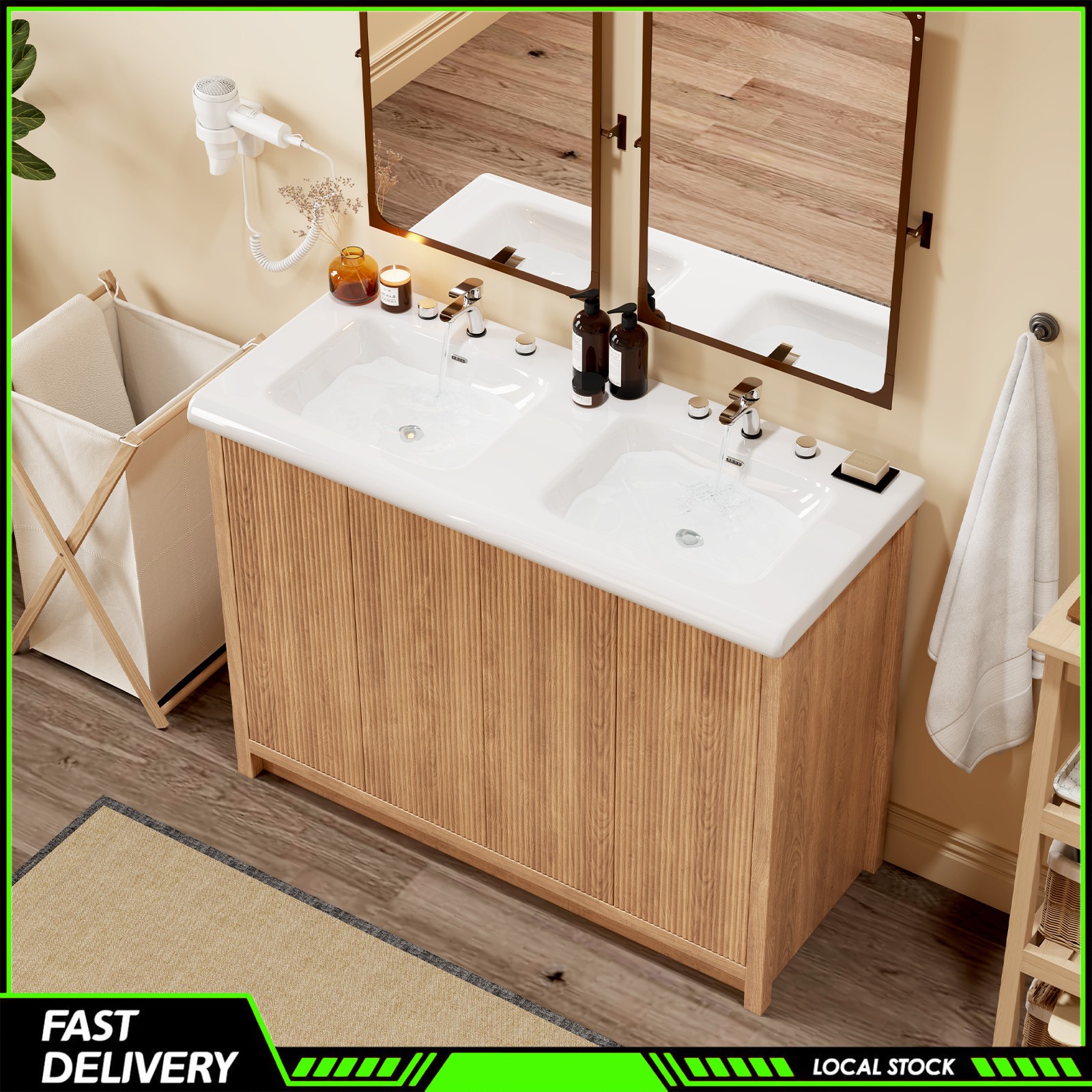 Storage Cabinet 47.3 Inch Modern Wood Grain Bathroom Vanity Double Ceramic Sink