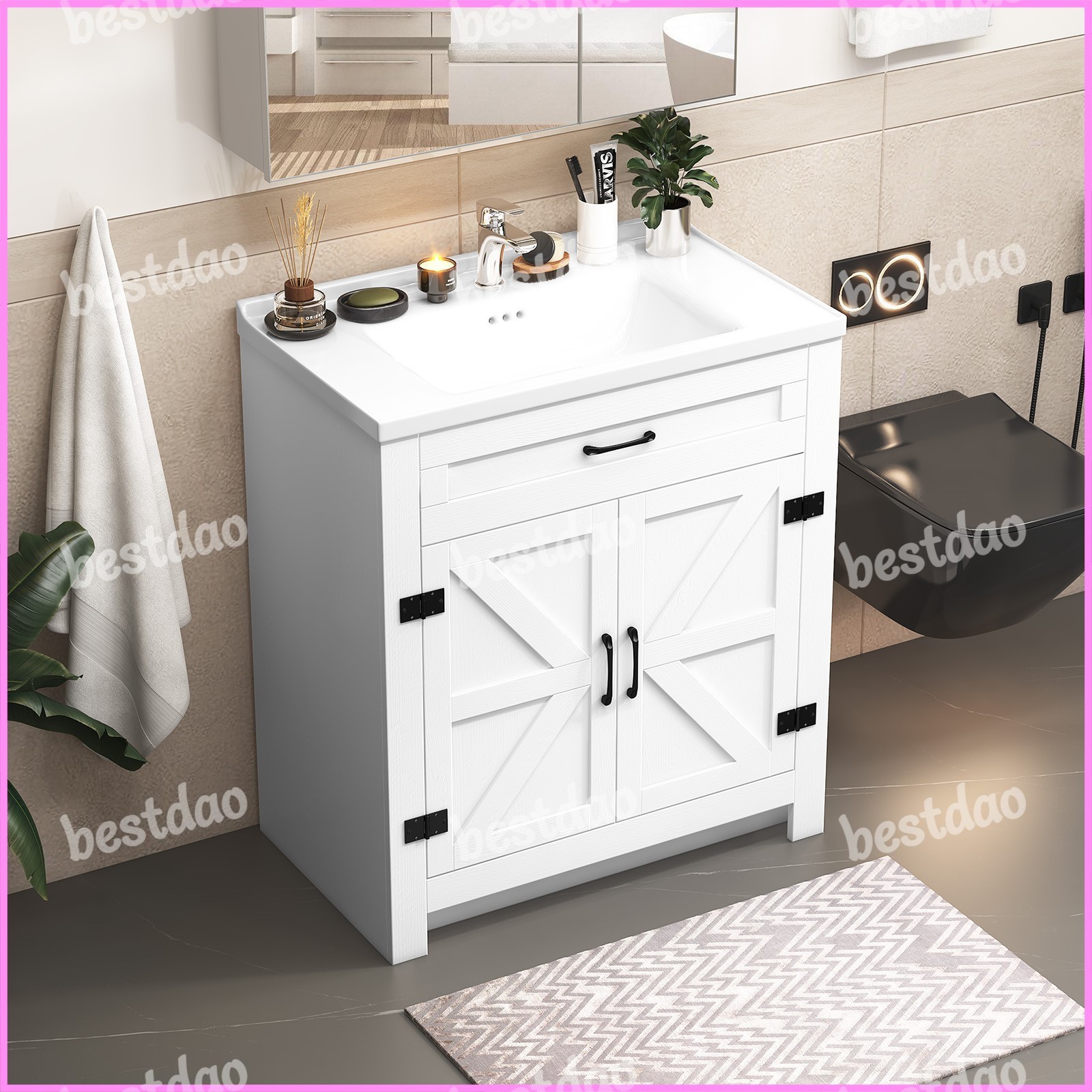White 31″ Modern Bathroom Vanity w/ Ceramic Sink Storage Cabinet w/ 2 Doors