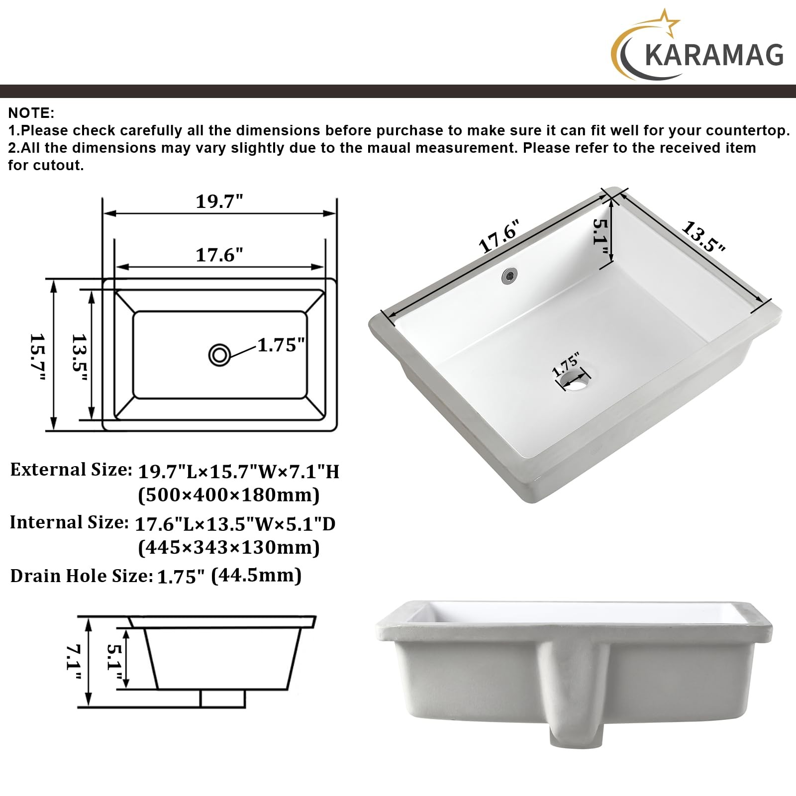 20 Inch Undermount Bathroom Sink Rectangle Undermount Sink White Ceramic Under–