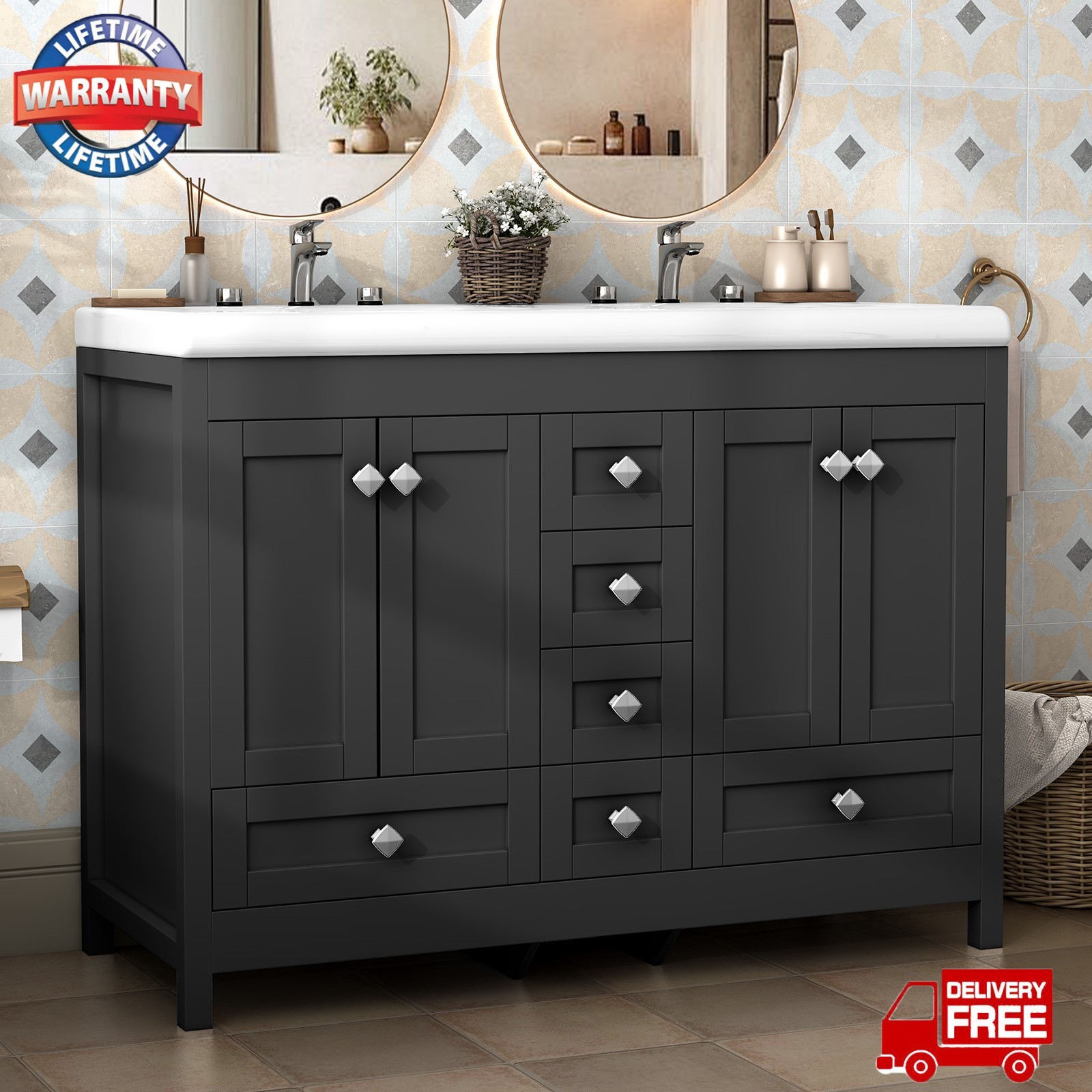 47″ 2 Doors Bathroom Vanity Cabinet w/ Double Ceramic Sinks & 5 Drawers Black