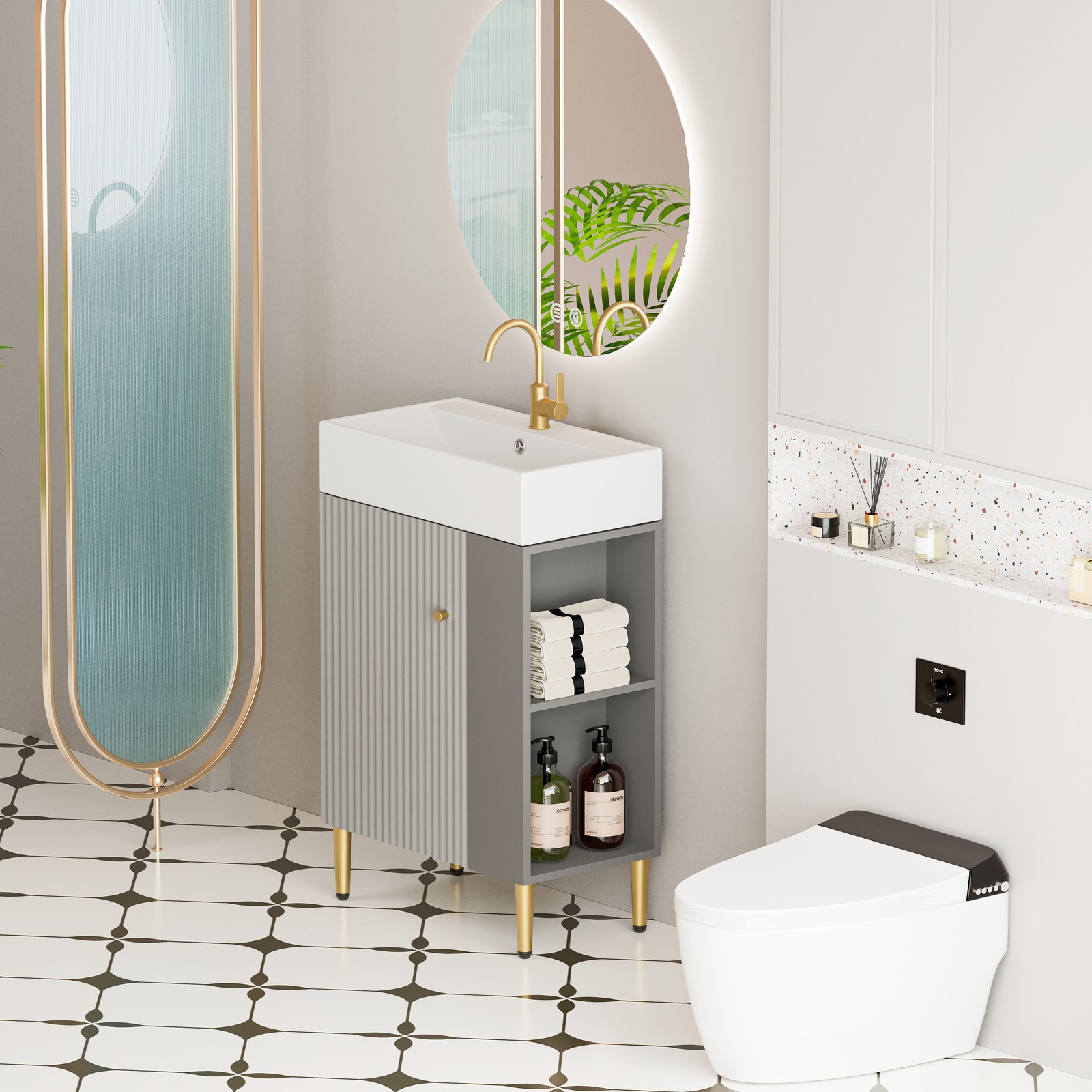 21.6″ Open-Shelving Vanity with Ceramic Sink and Soft-Close Door Grey