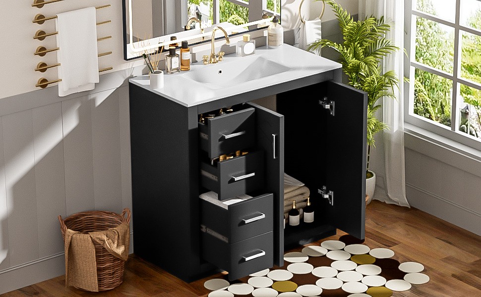 36″ Bathroom Vanity with Ceramic Sink, Solid Wood Frame, 3 Drawers
