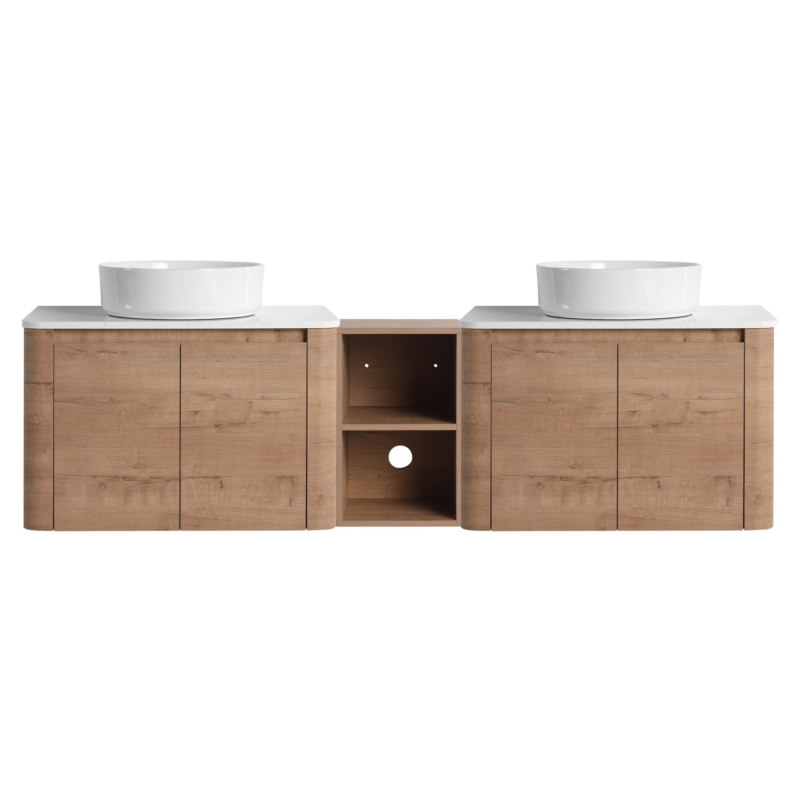 72” Wall-Mounted Bathroom Vanity Double Ceramic White Vessel Sink 4 Doors Wood