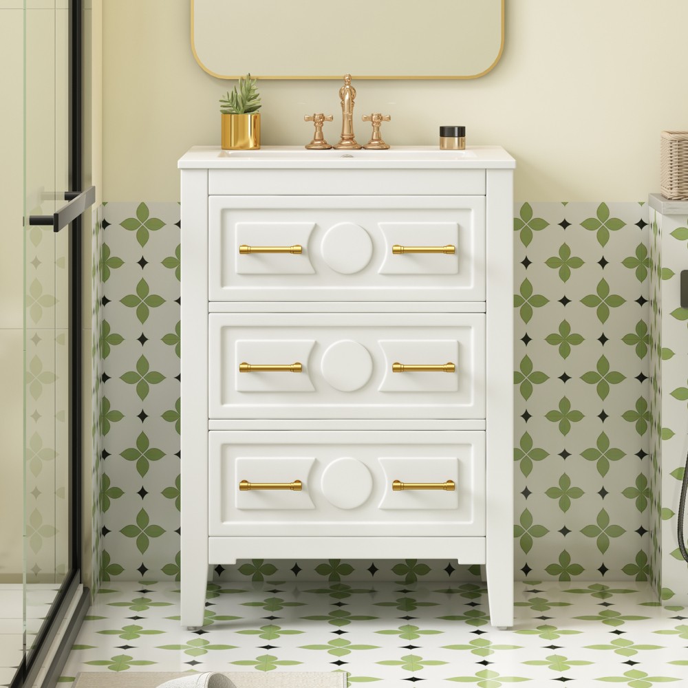 Bathroom Vanity W Ceramic Sink Combo 3 Drawers