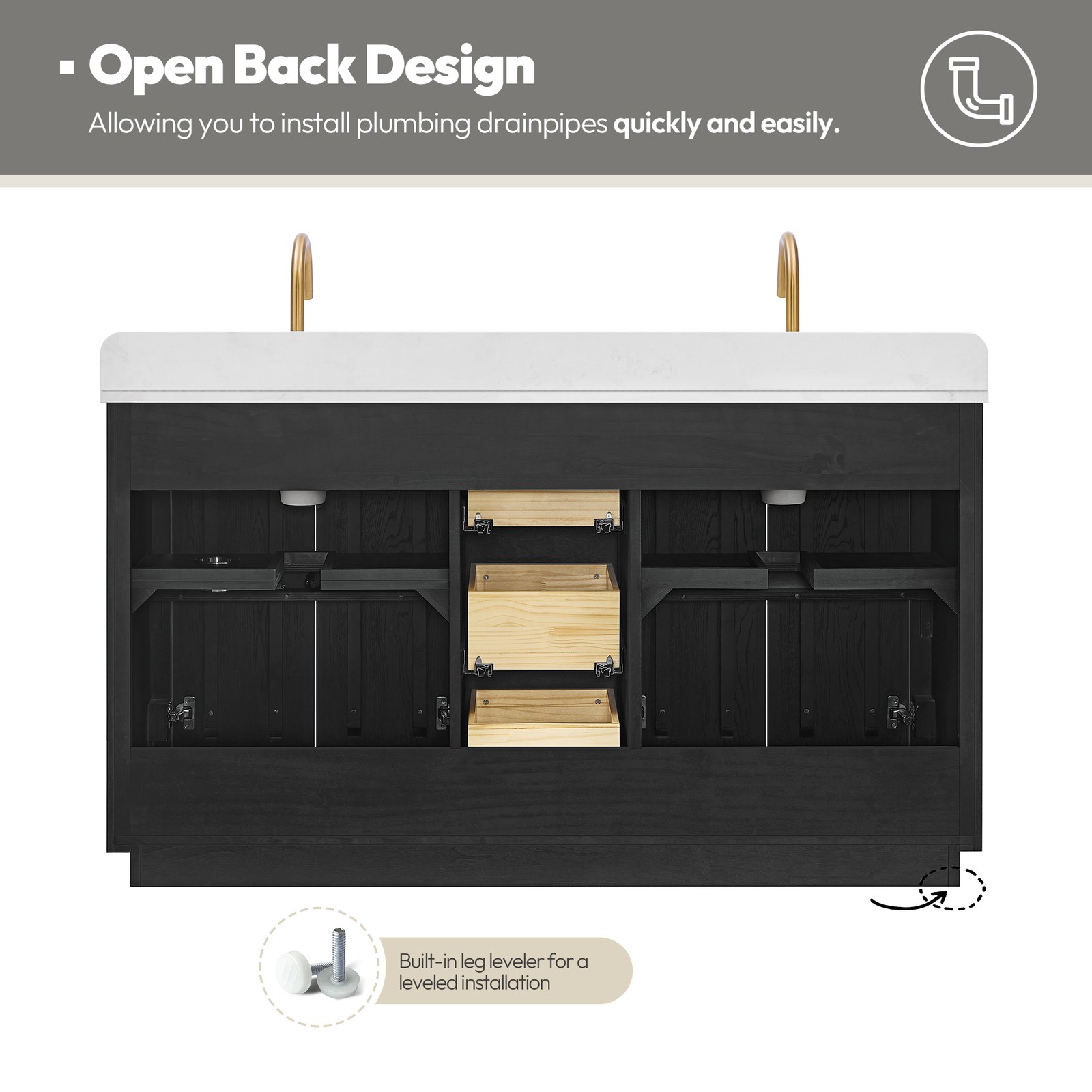 Busan 60M” Double Bath Vanity in Oak Classic Black with White Quartz Stone Top