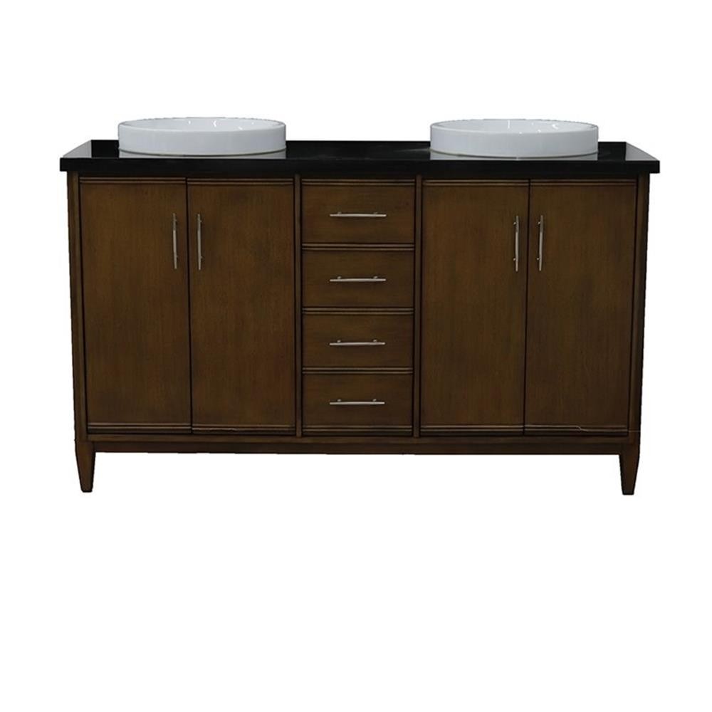Pemberly Row 61″ Double Round Sink Vanity with Black Granite Stone in Walnut