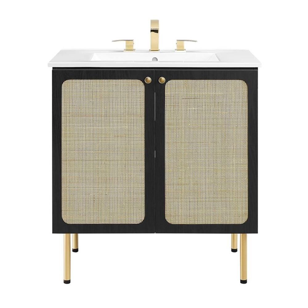 Pemberly Row 30″ Wood & Rattan Bathroom Vanity in Black/White