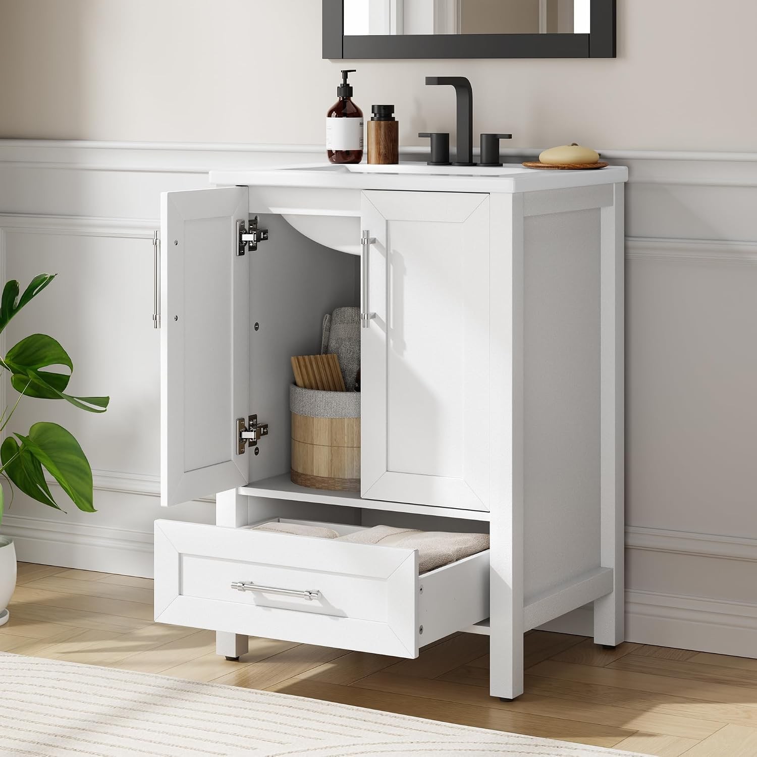 24″ White Bathroom Vanity w/ Sink & Drawer Modern Bath Storage Cabinet No Faucet