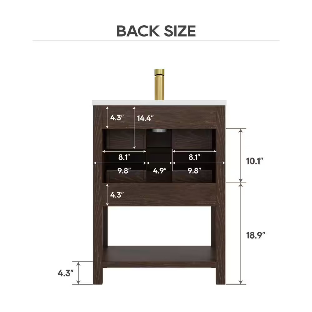 Magen 25 In. Single Sink Bath Vanity in Walnut with White Engineered Solid Surfa