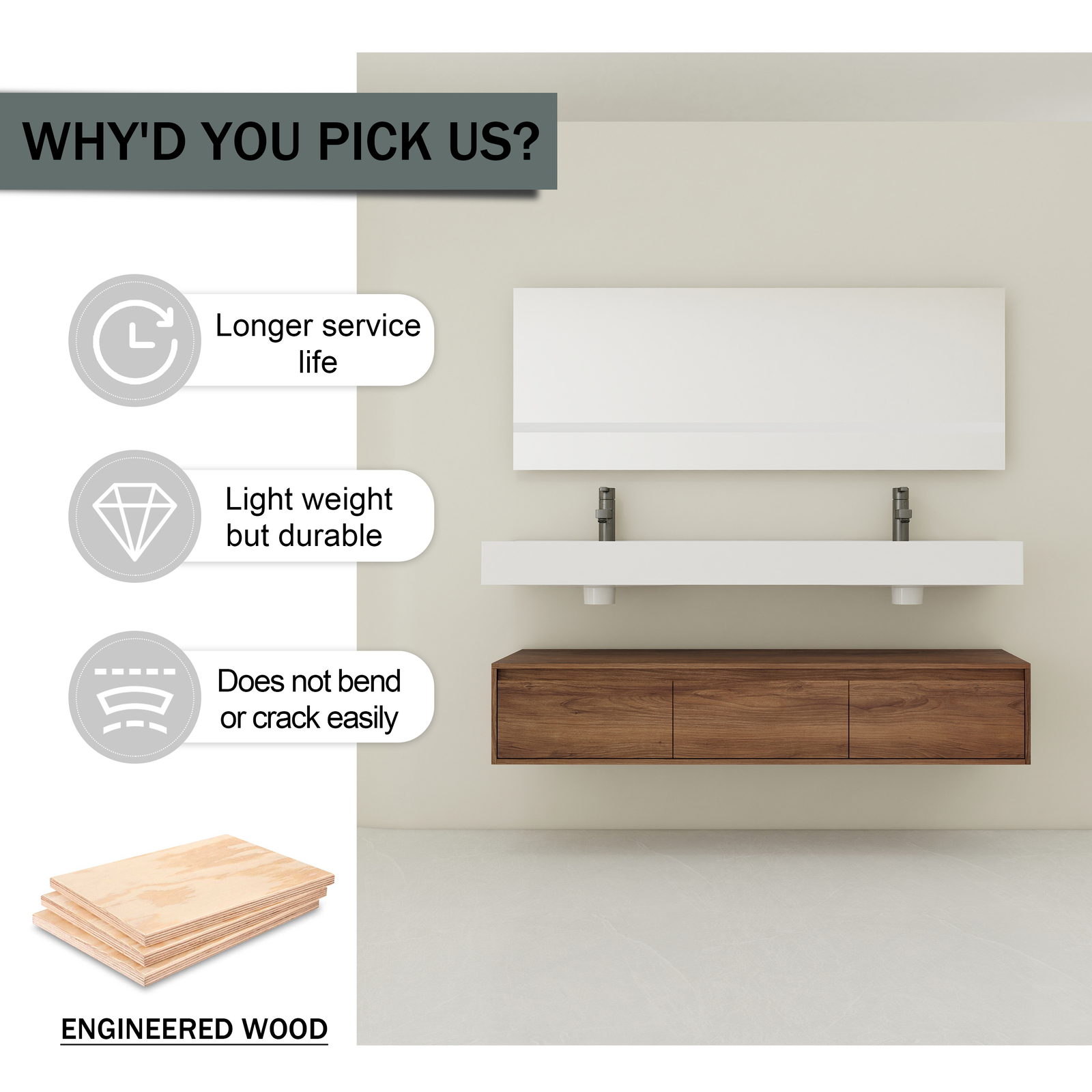 60 in Wooden Floating Wall-Mounted Bathroom Vanity W/Double Resin Sink Drawers