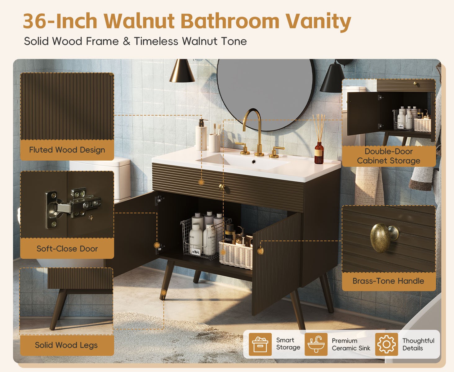 36″ Striped Bathroom Vanity, Soft-Close Dual-Door & Ceramic Sink, Dark Brown