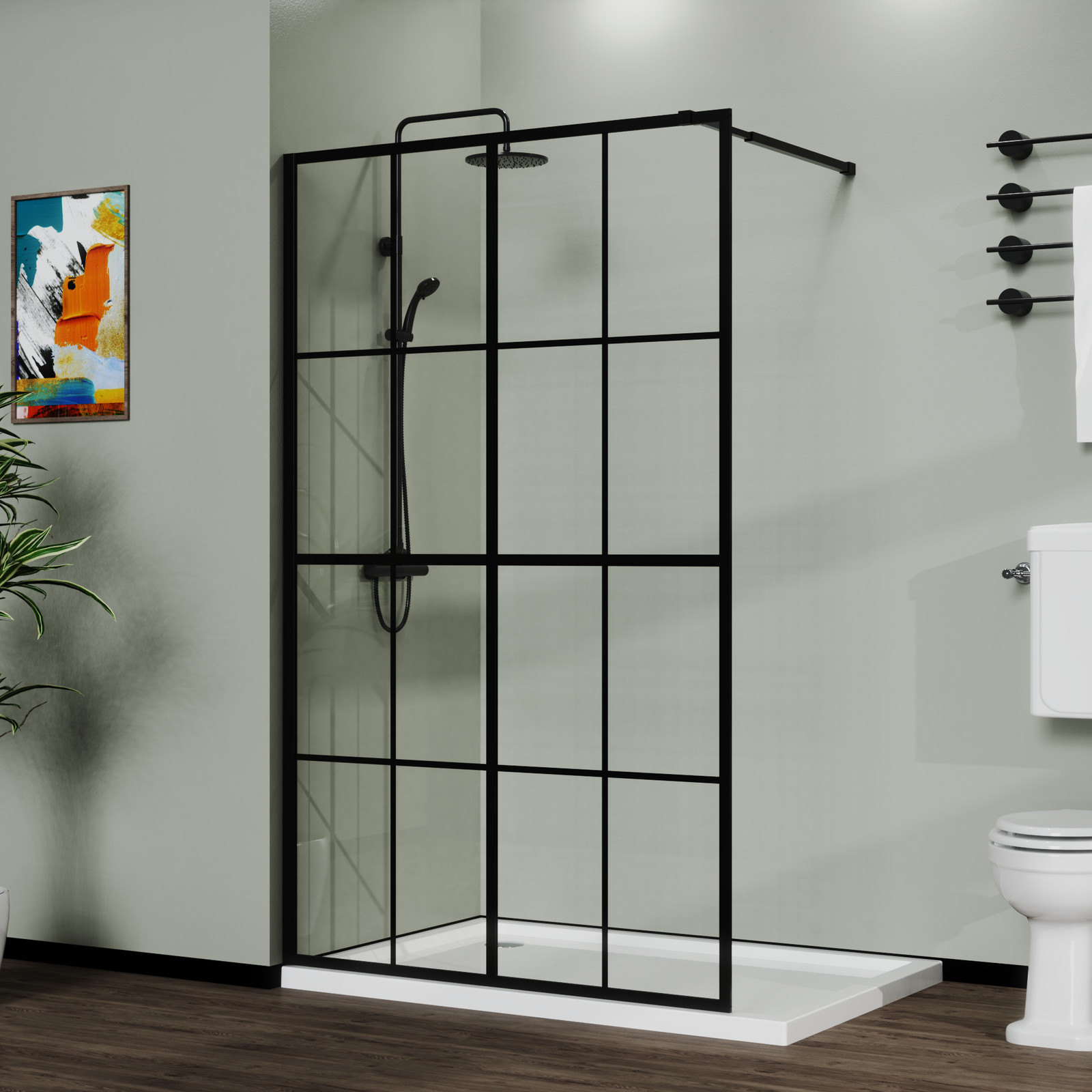 46×72 Black Frameless Shower Screen Panel for Walk-in Wetroom, Tempered Glass