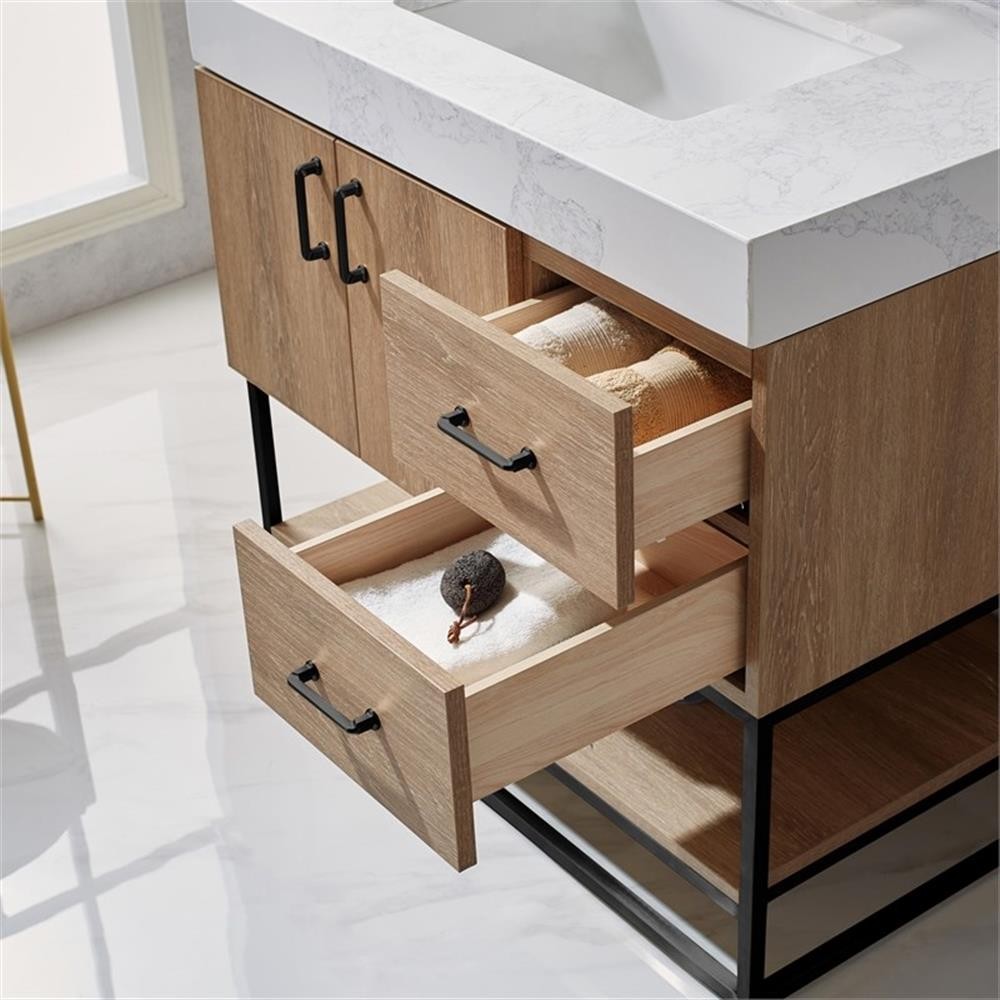 Pemberly Row 36″ White Stone Top Oak Single Vanity Black Frame w/o Mirror