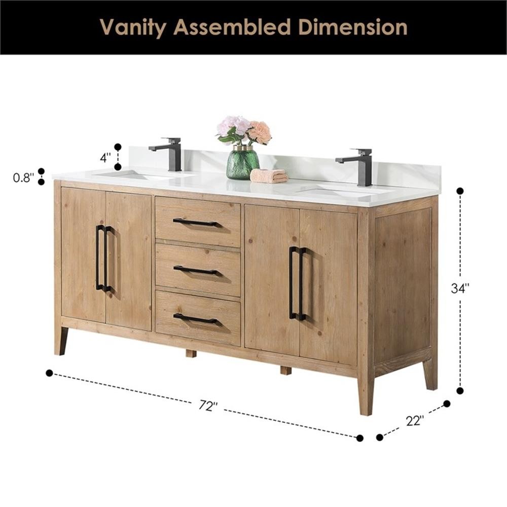 Laurel 72″ Wood Vanity in Weathered Fir Calacatta White Quartz Top with Mirror