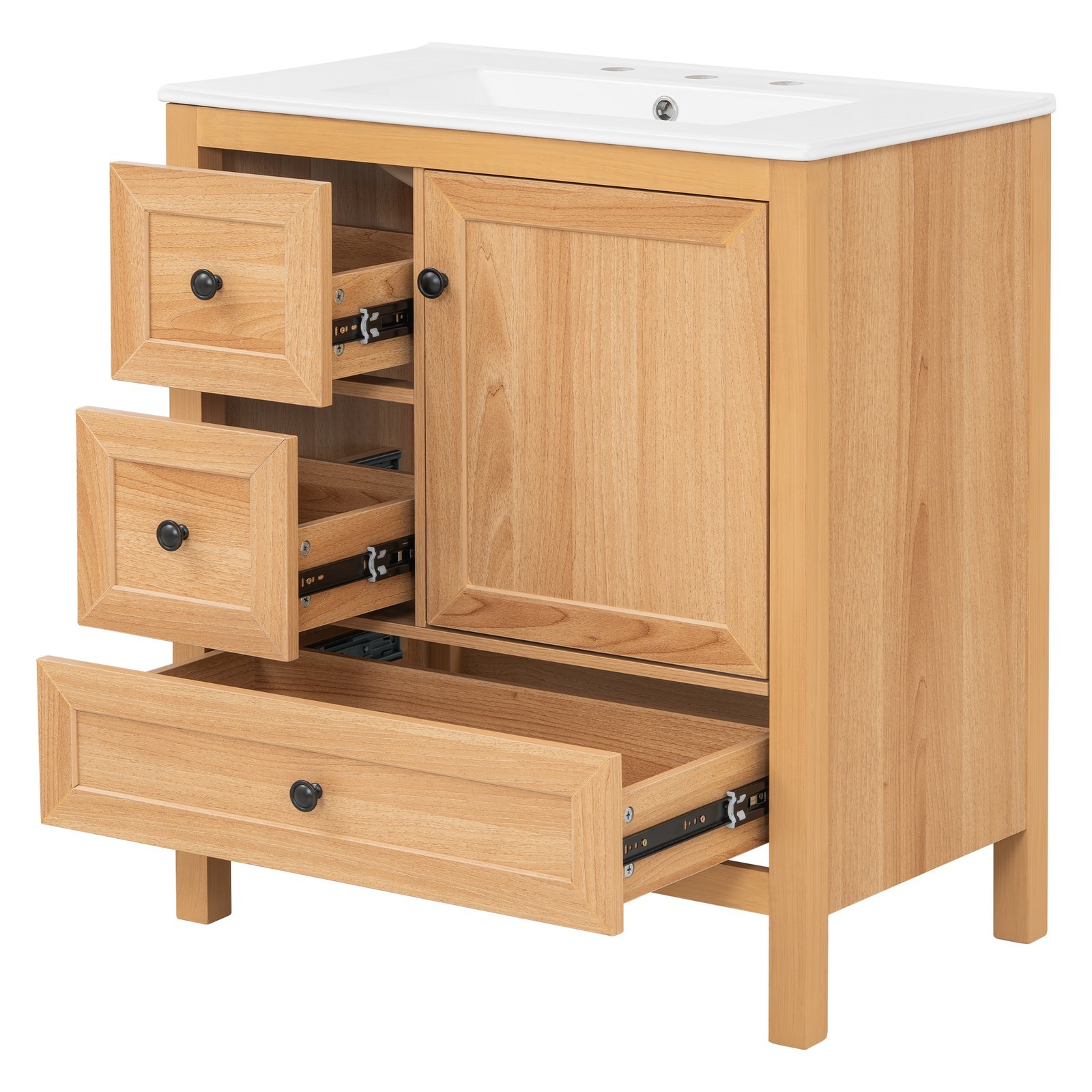 30″ Bathroom Vanity with Ceramic Sink Wood Grain Cabinet with Soft-Close Drawer