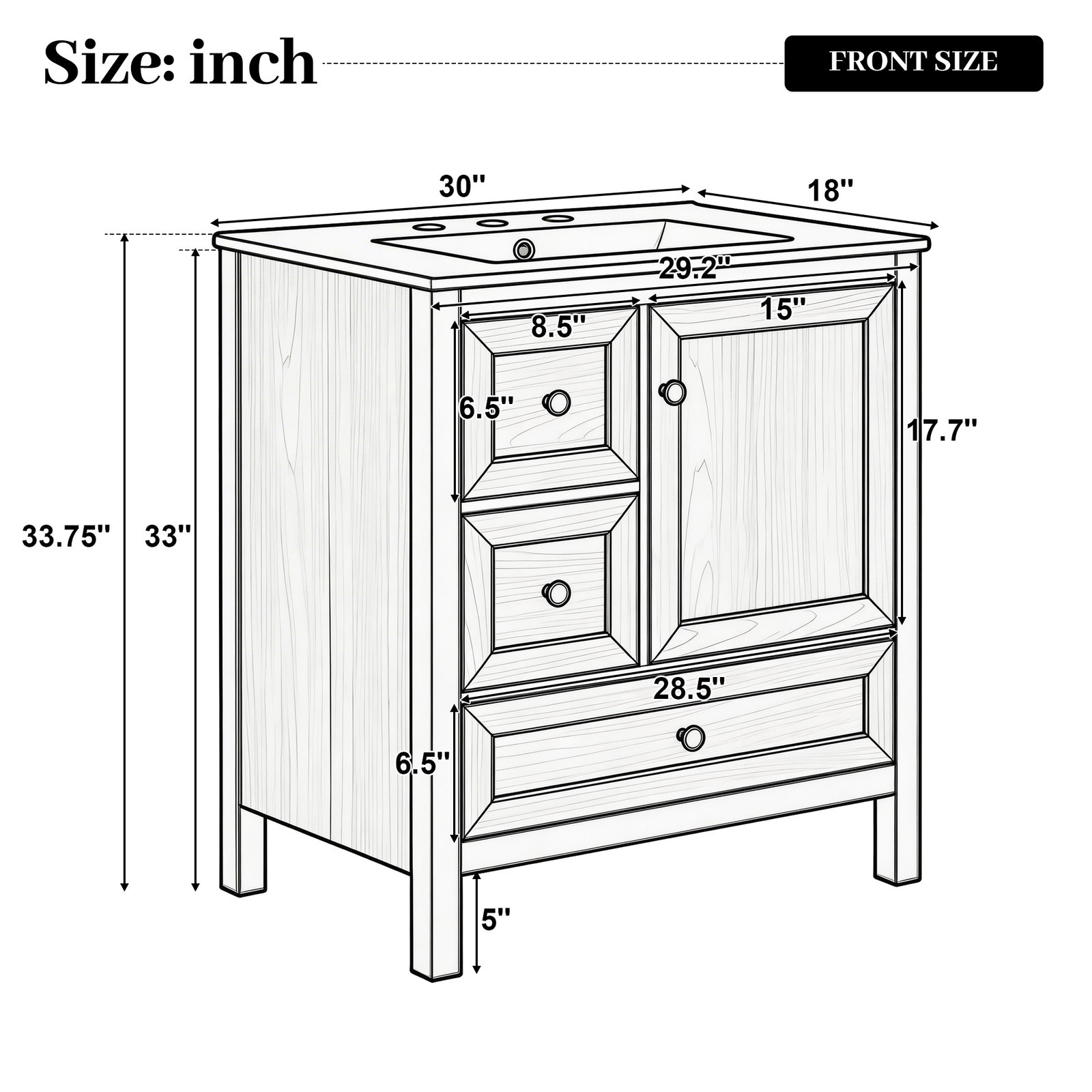 30″ Bathroom Vanity with Ceramic Sink Wood Grain Cabinet with Soft-Close Drawer