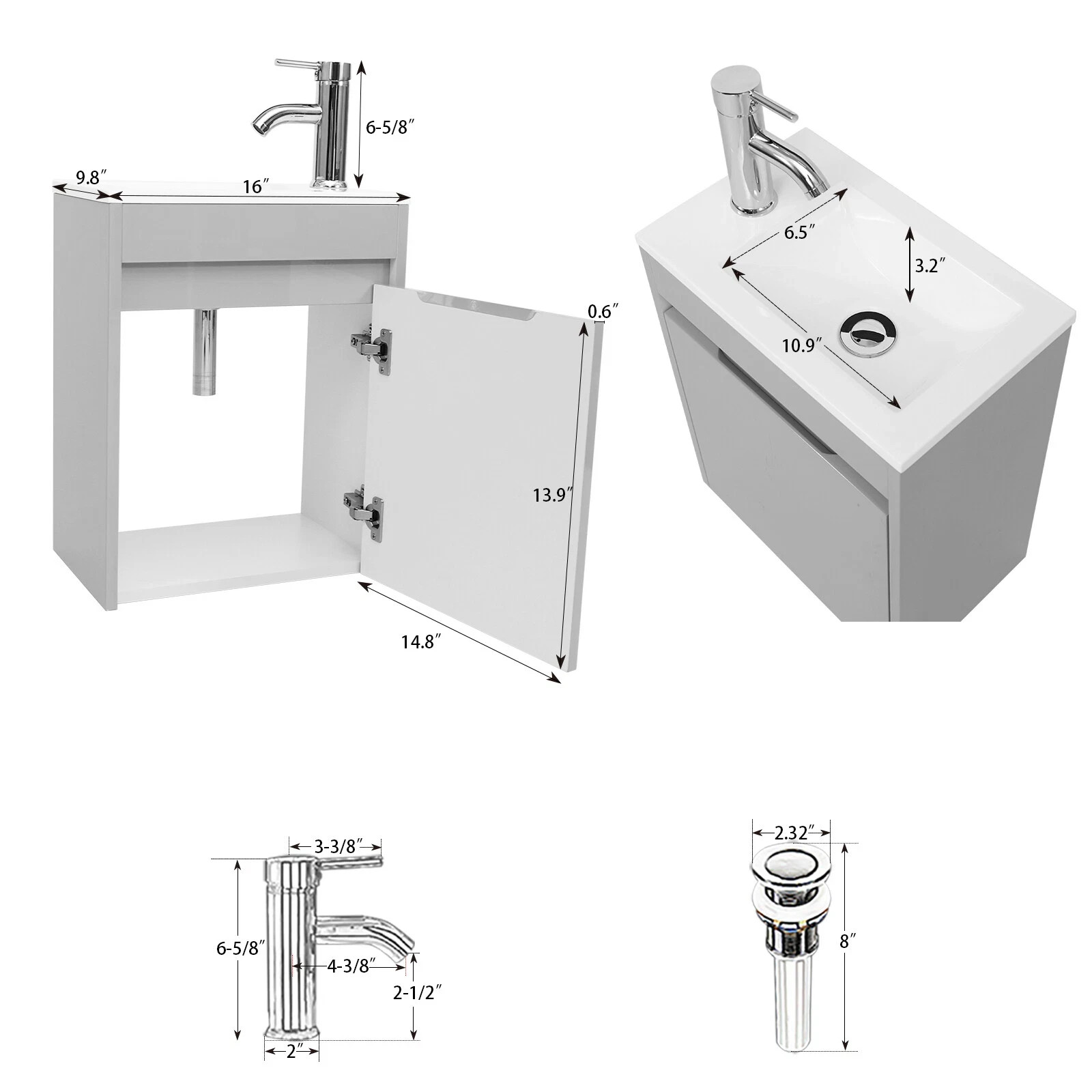 16″ Bathroom Vanity Wall Mount Cabinet Resin Sink Faucet Vessel Drain Combo Set