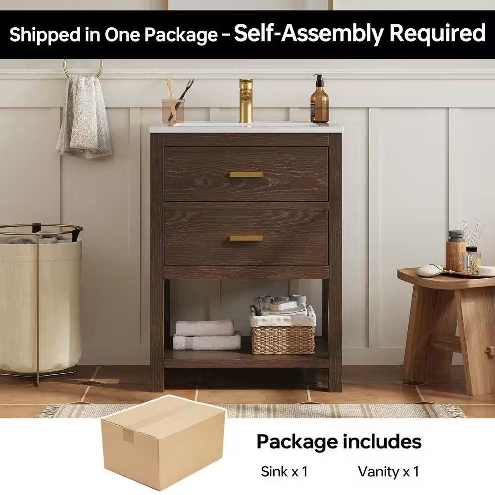 Magen 25 In. Single Sink Bath Vanity in Walnut with White Engineered Solid Surfa