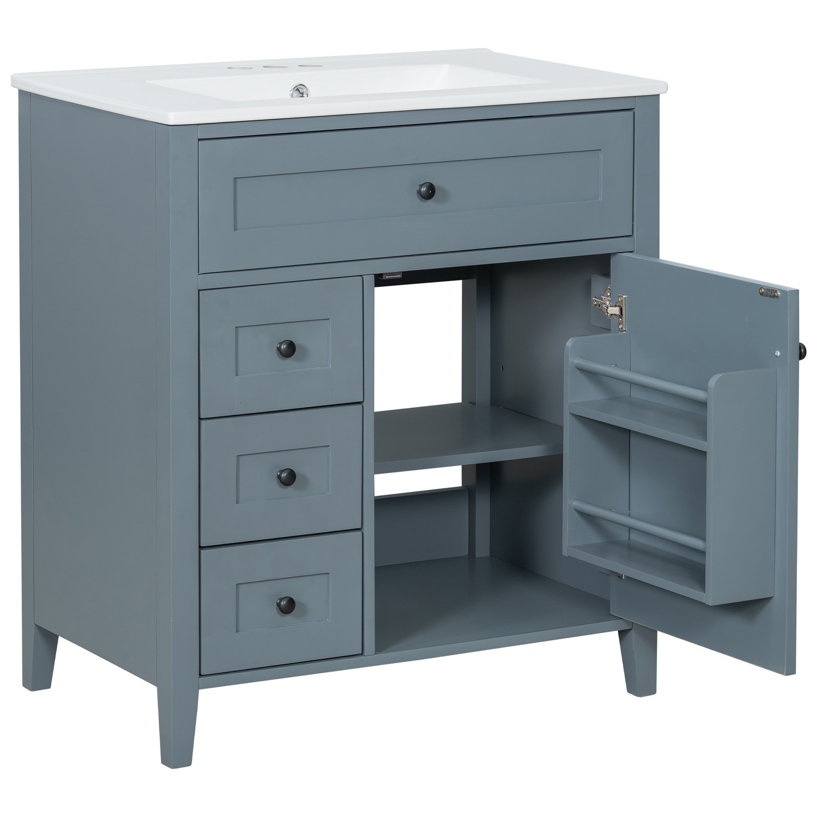 30″ Blue Gray Bathroom Vanity with Sink, 3 Drawers & Cabinet