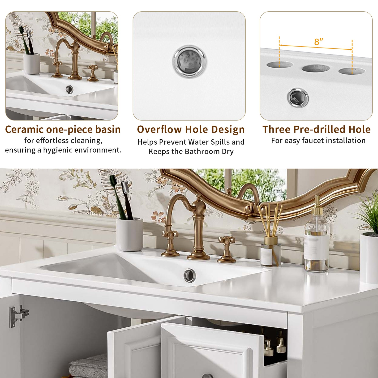 36″ White Transitional Bathroom Vanity with Ceramic Sink