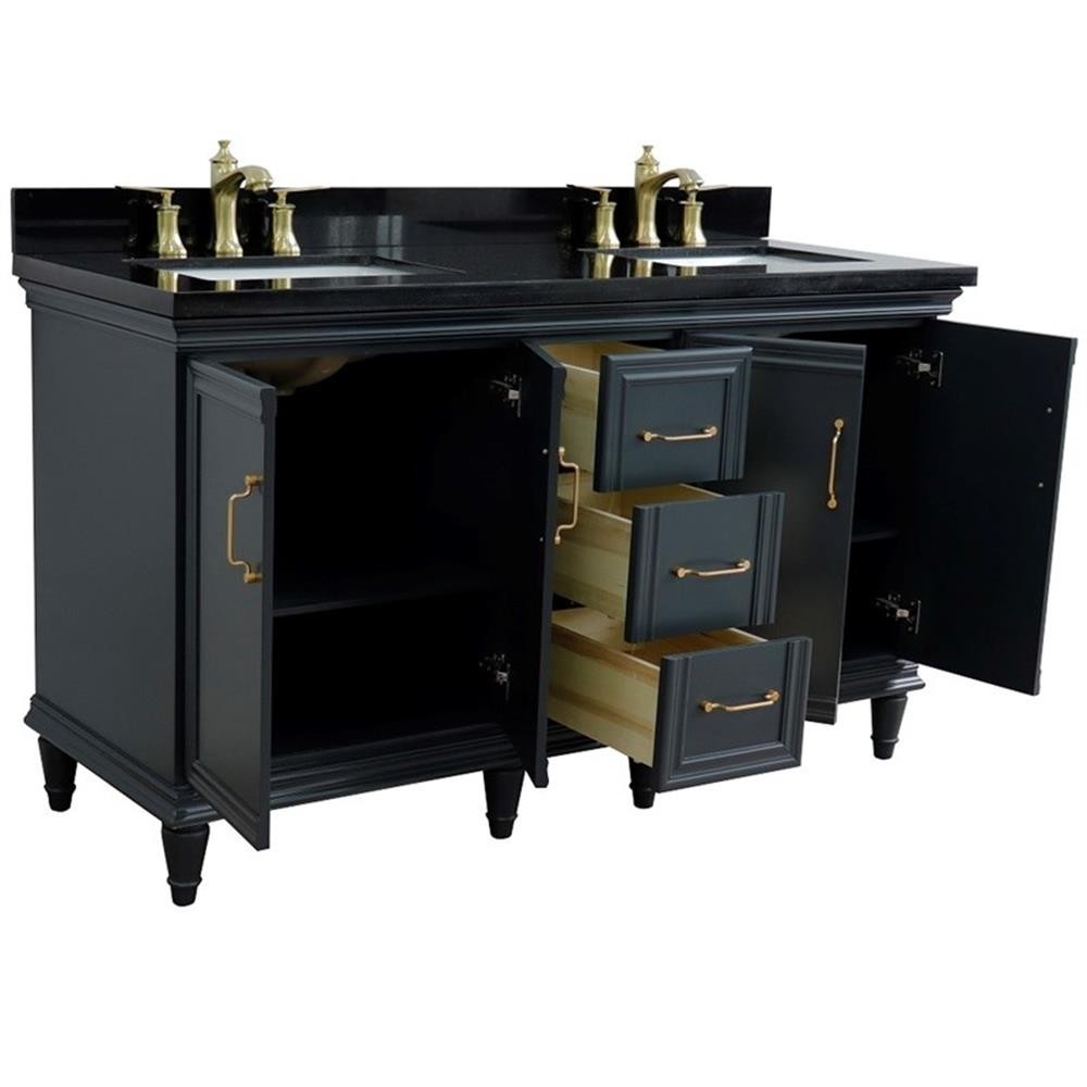 61 in. Double Wooden Vanity Dark Gray Black Galaxy Granite Rectangle Sink