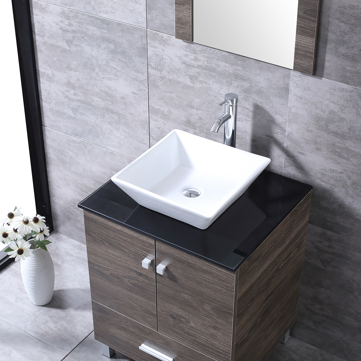 24″Bathroom Vanity Wood Cabinet White Ceramic Sink Bowl Basin Brown Mirror Combo