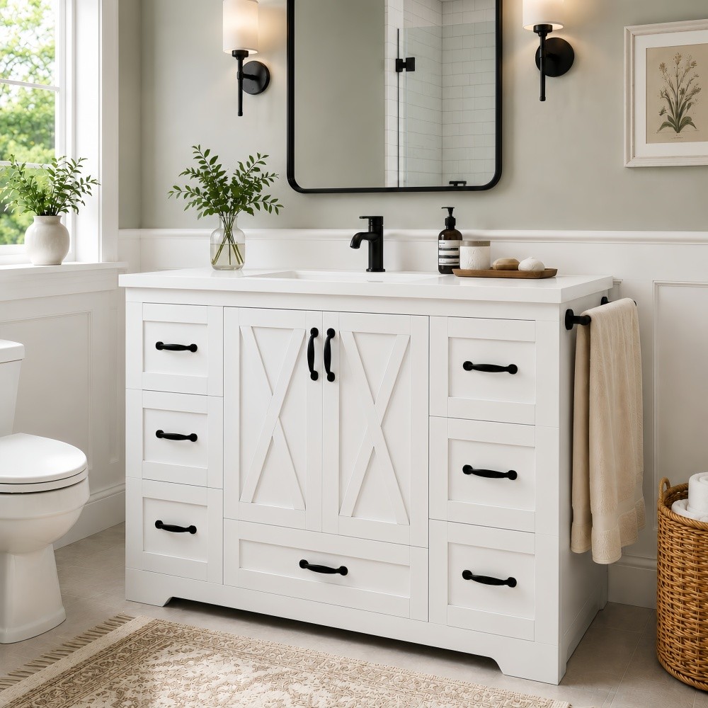 48in Bathroom Vanity W/Sink Ceramic Top Backsplash 6 Drawers Towel Bar Storage