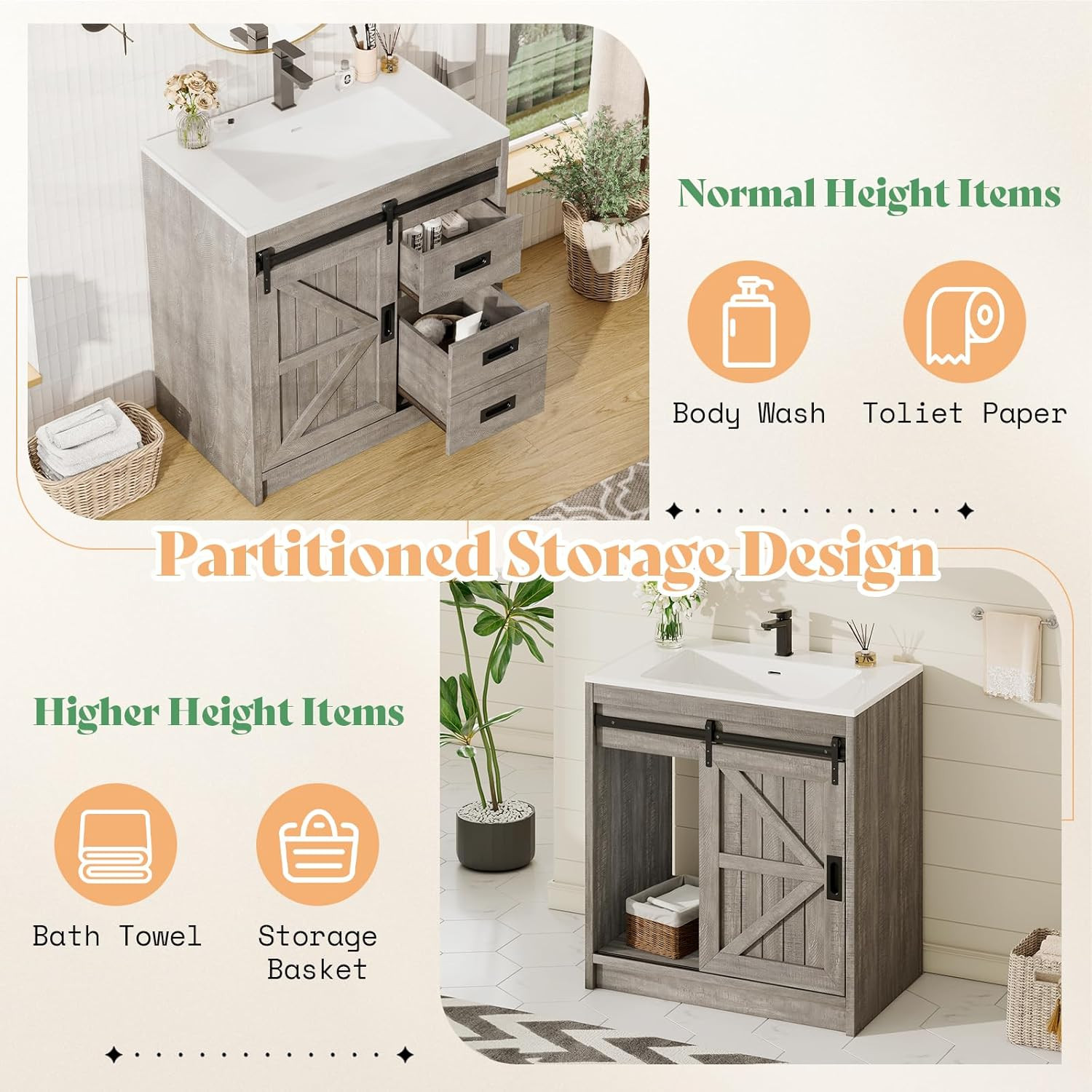 AMERLIFE Farmhouse Bathroom Vanity with Sink Combo, 31In Sliding Barn Door Bathr