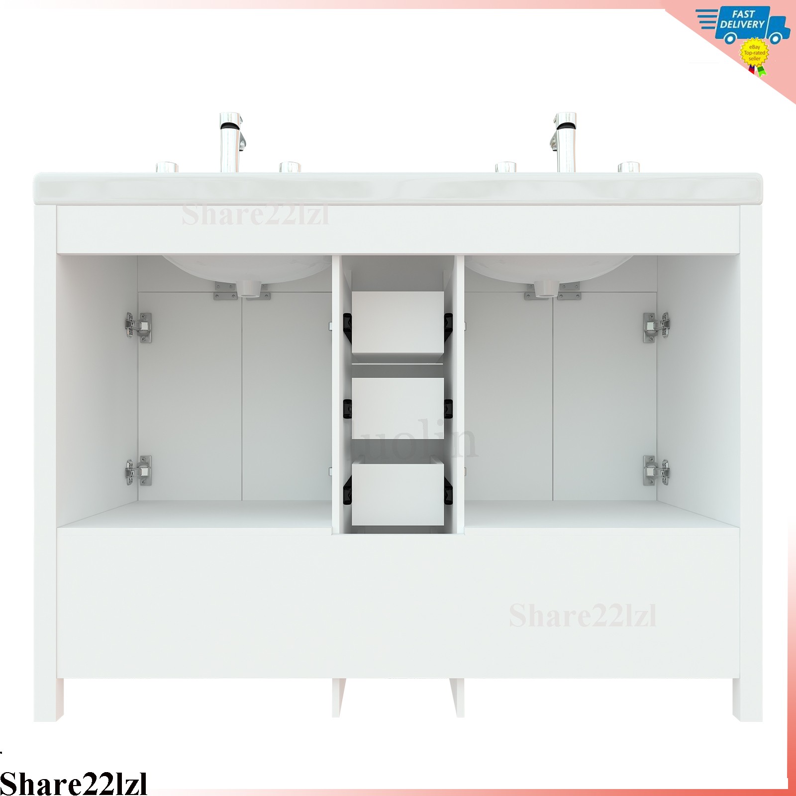 47″ Bathroom Vanity Double Sink Ceramic Freestanding Cabinet 5 Drawers,White