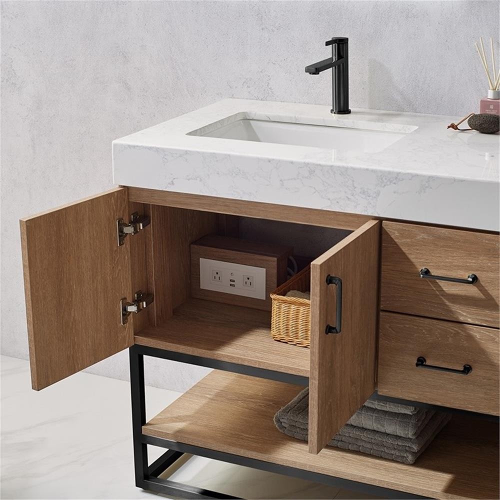 Pemberly Row 60″ White Stone Top Oak Double Vanity Black Frame w/o Mirror