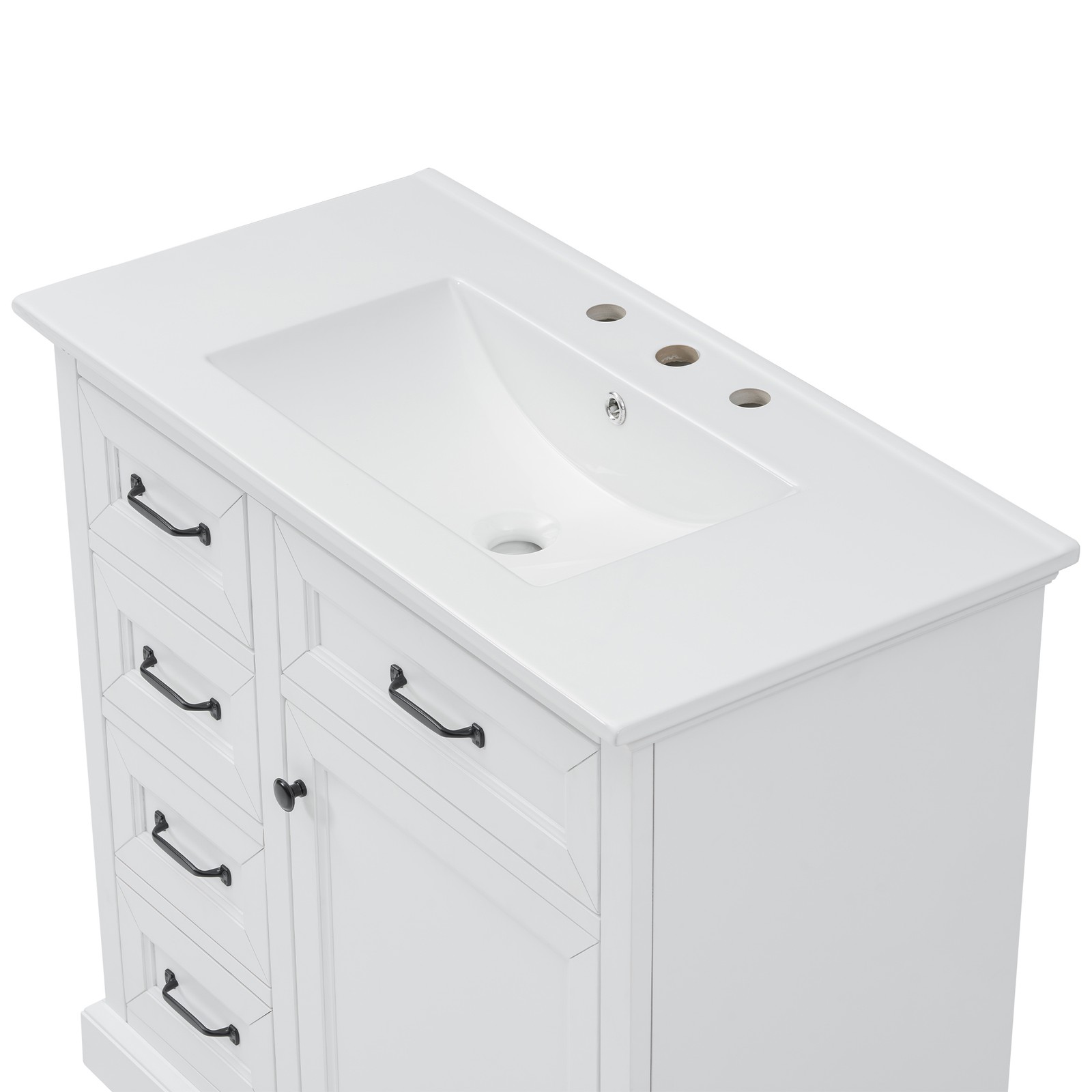 36″ Bathroom Vanity with Ceramic Sink Top, 4 Drawers & 1 Soft-Close Door
