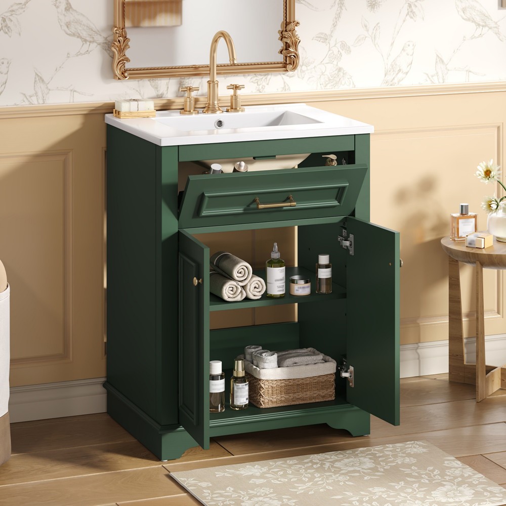 24″ Bathroom Vanity with Sink, Freestanding Bath Vanity Cabinet, Tip-Out Drawer