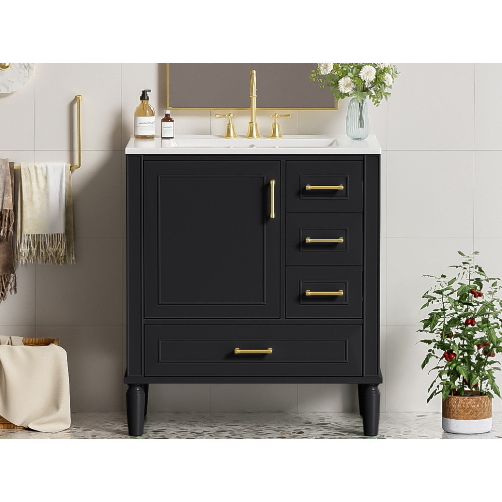 Traditional 30″ Black Bathroom Vanity Set, Floor Standing, with Three Drawers