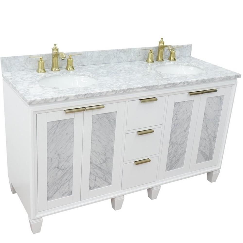 Trento 61″ Double Oval Sink Solid Wood Vanity in White/White Carrara